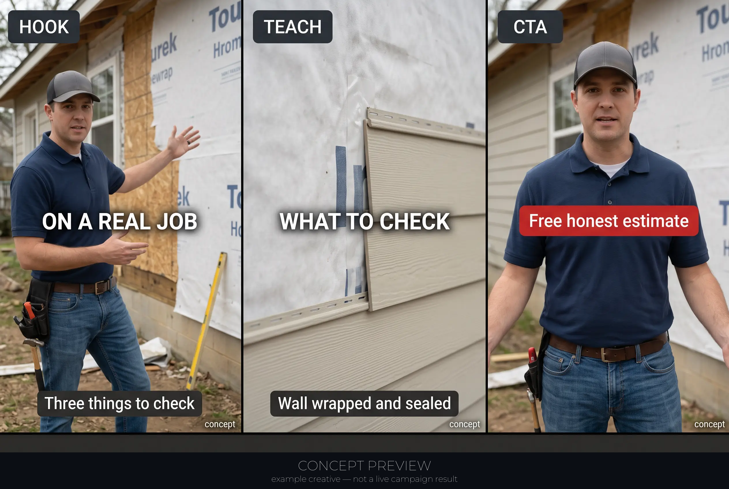 Siding Replacement — On a Real Siding Job — 3 Things Homeowners Never Check 3-panel storyboard (hook, teach, CTA) — concept preview, not a live campaign result