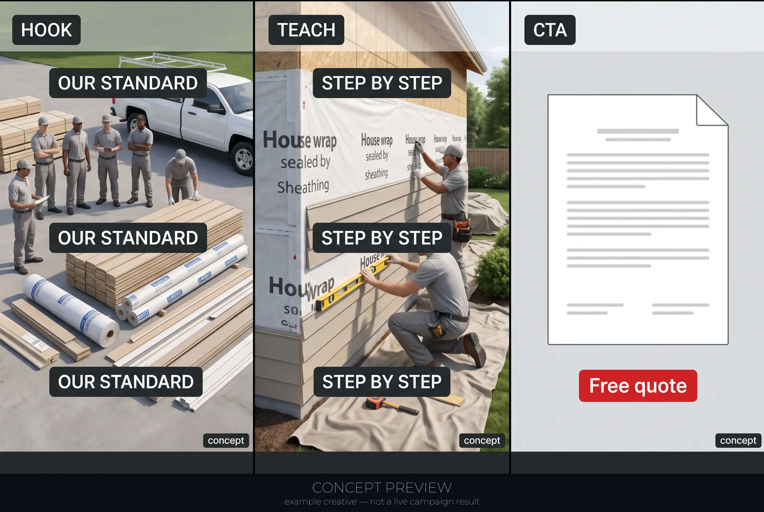 Siding Replacement — Our Documented Siding Replacement Standard 3-panel storyboard (hook, teach, CTA) — concept preview, not a live campaign result
