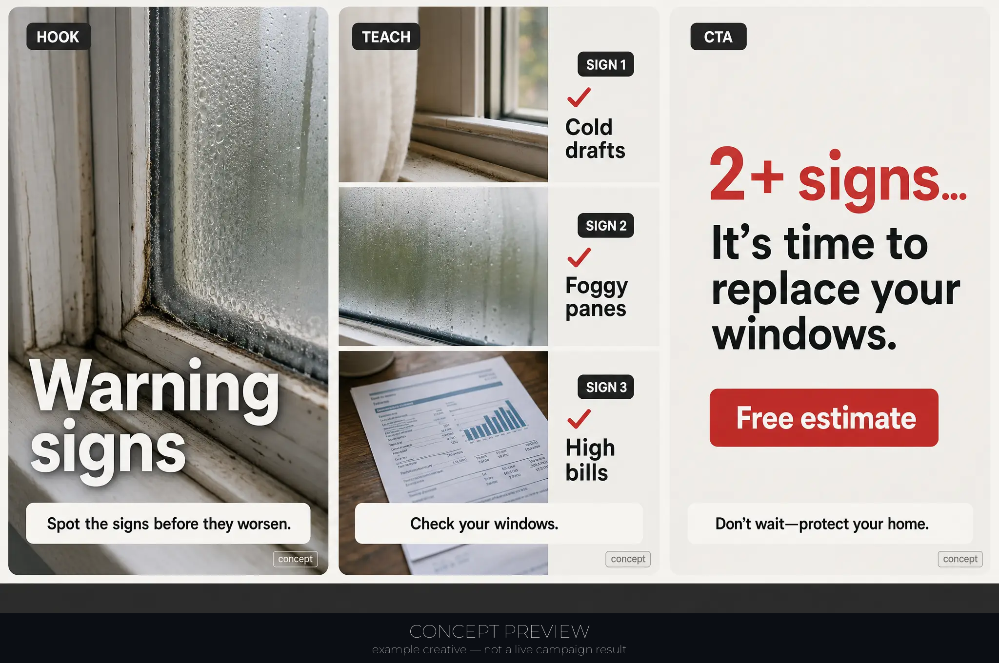 Window Replacement — 5 Worn-Out Window Warning Signs Checklist 3-panel storyboard (hook, teach, CTA) — concept preview, not a live campaign result