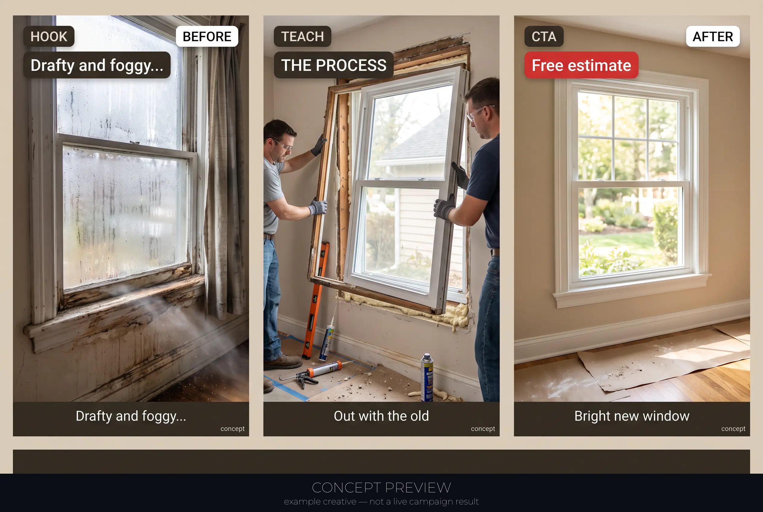 Window Replacement — Drafty, Foggy Windows to Bright and New — One Real Job 3-panel storyboard (hook, teach, CTA) — concept preview, not a live campaign result