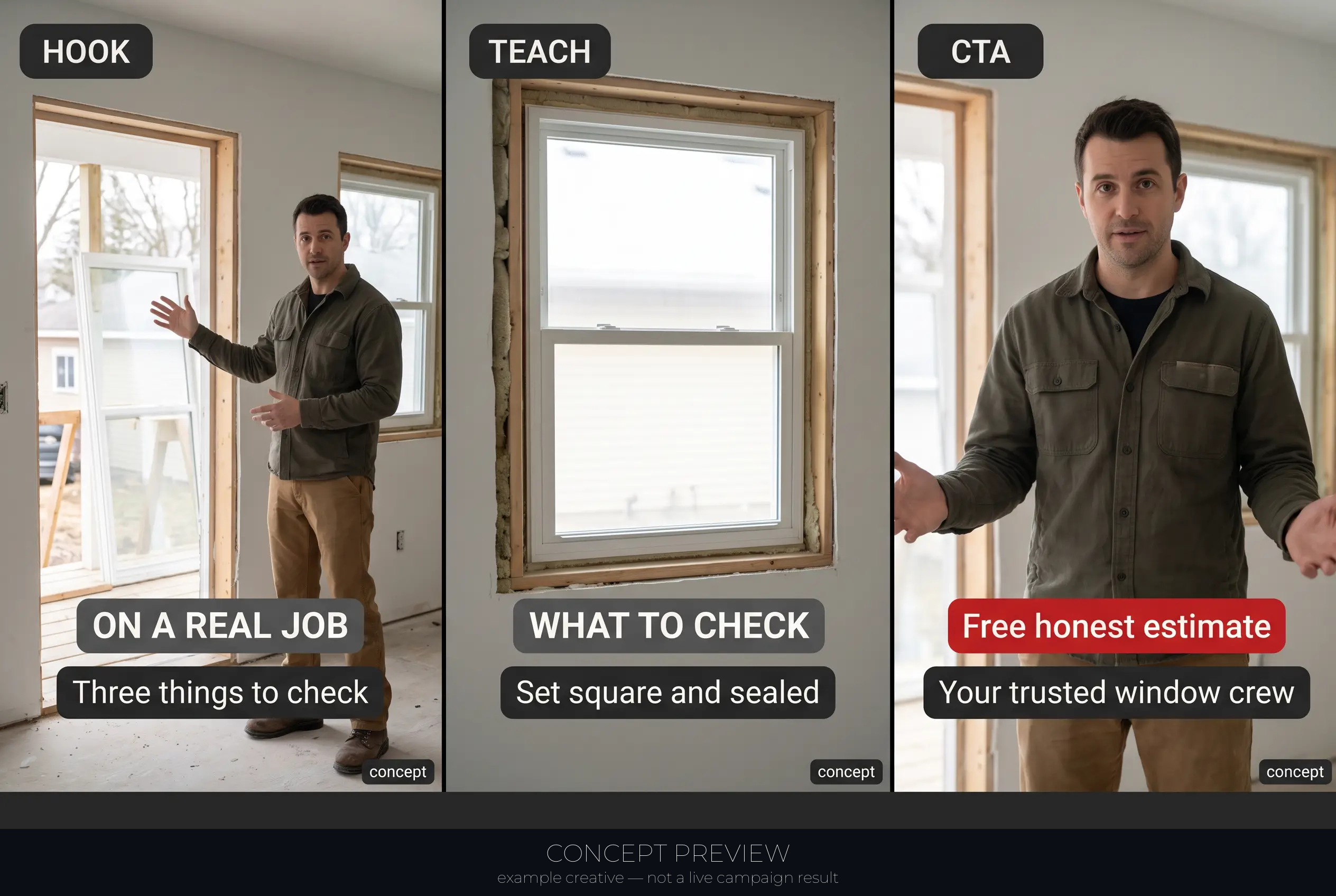 Window Replacement — On a Real Window Job — 3 Things Homeowners Never Check 3-panel storyboard (hook, teach, CTA) — concept preview, not a live campaign result