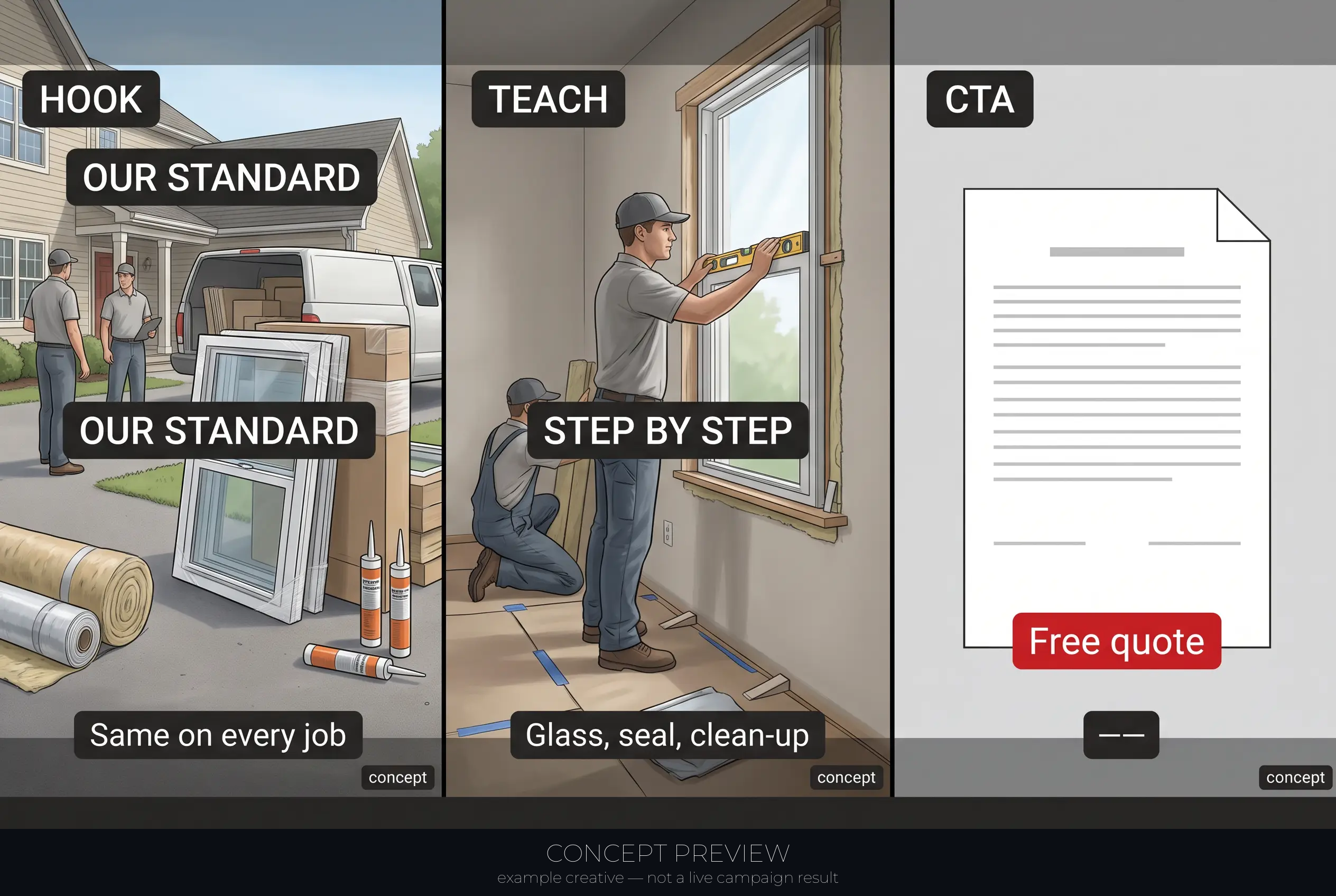 Window Replacement — Our Documented Window Install Standard 3-panel storyboard (hook, teach, CTA) — concept preview, not a live campaign result